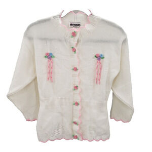 Knitwaves Hand Knitted Sweater Cardigan Girls Size 10 White Flower Ribbon Button
